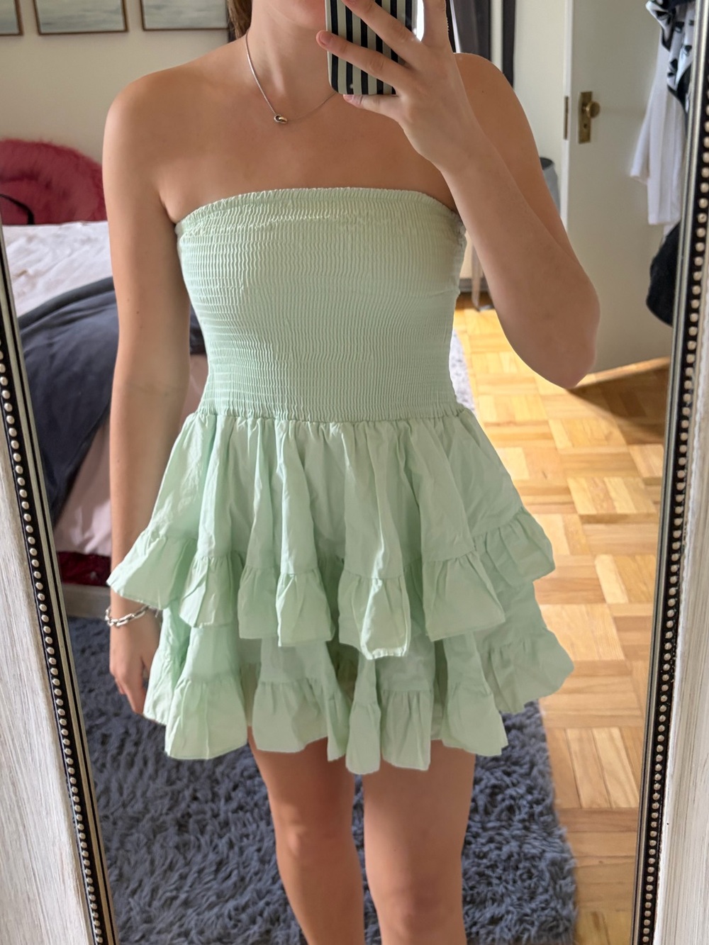 Smocked Ruffle Mini Dress in Light Mint